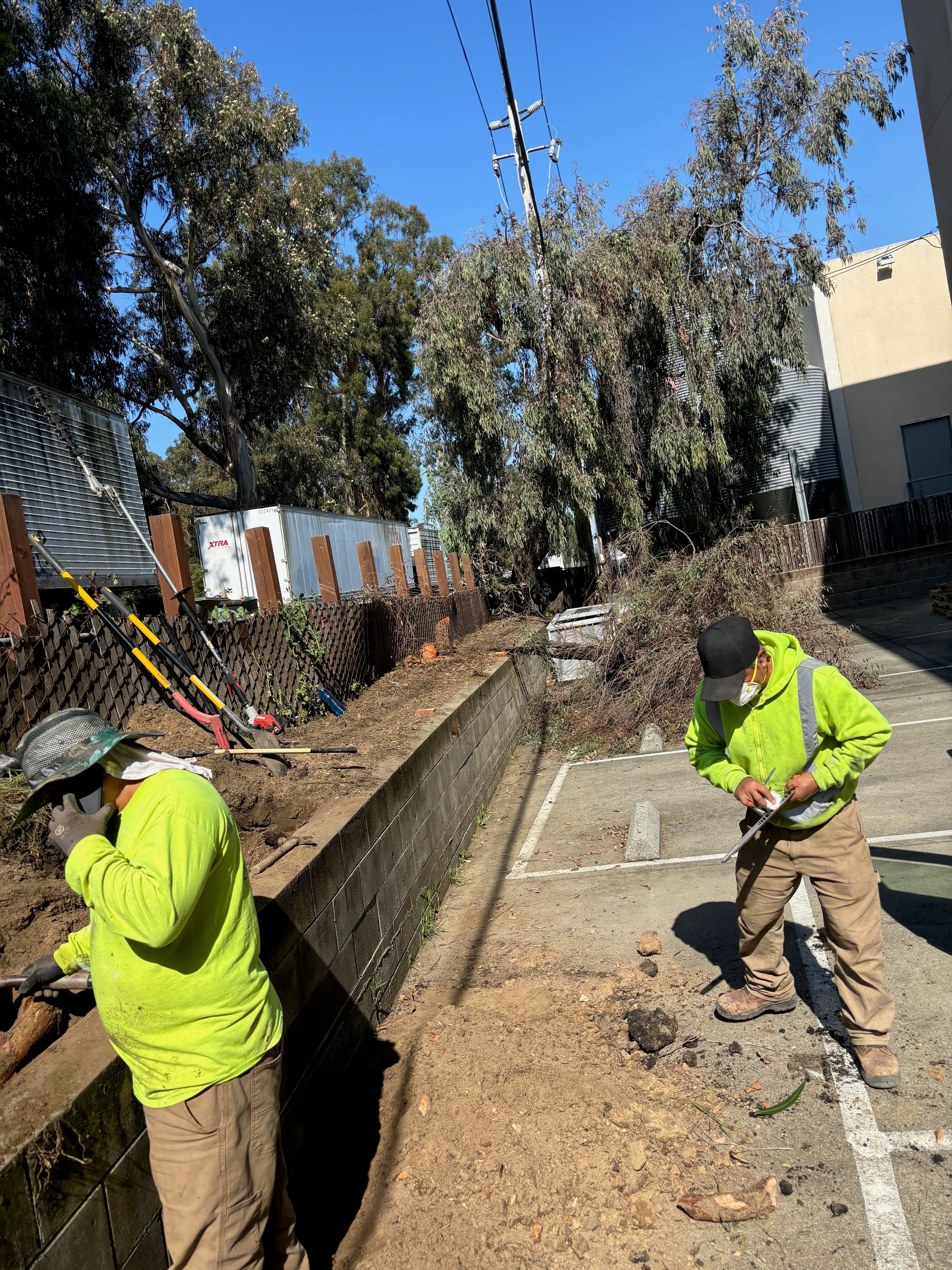 Workers in green shirts clearing debris and performing landscaping near a fence.