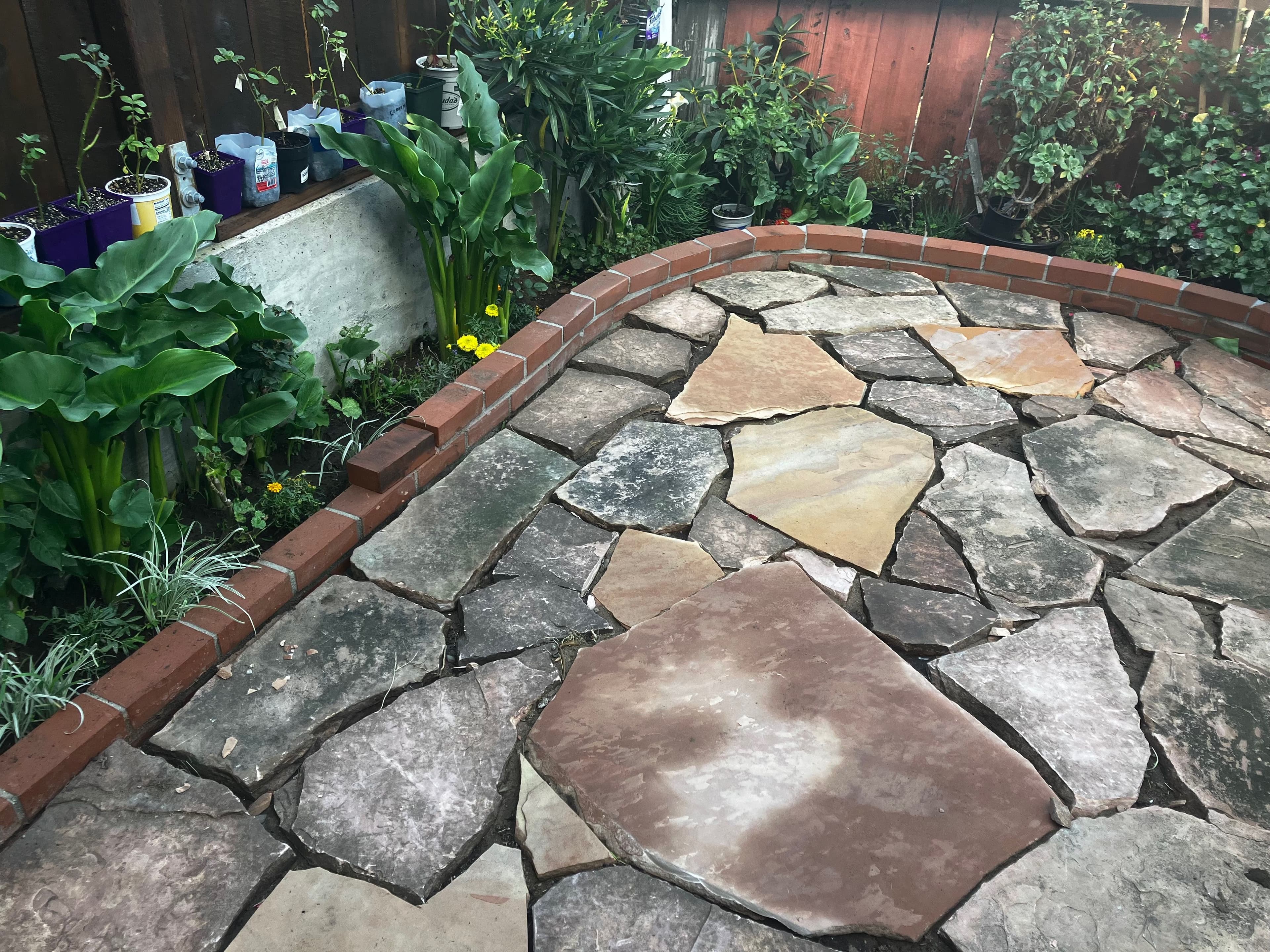 Natural stone pathway in a garden with vibrant plants and flowers.