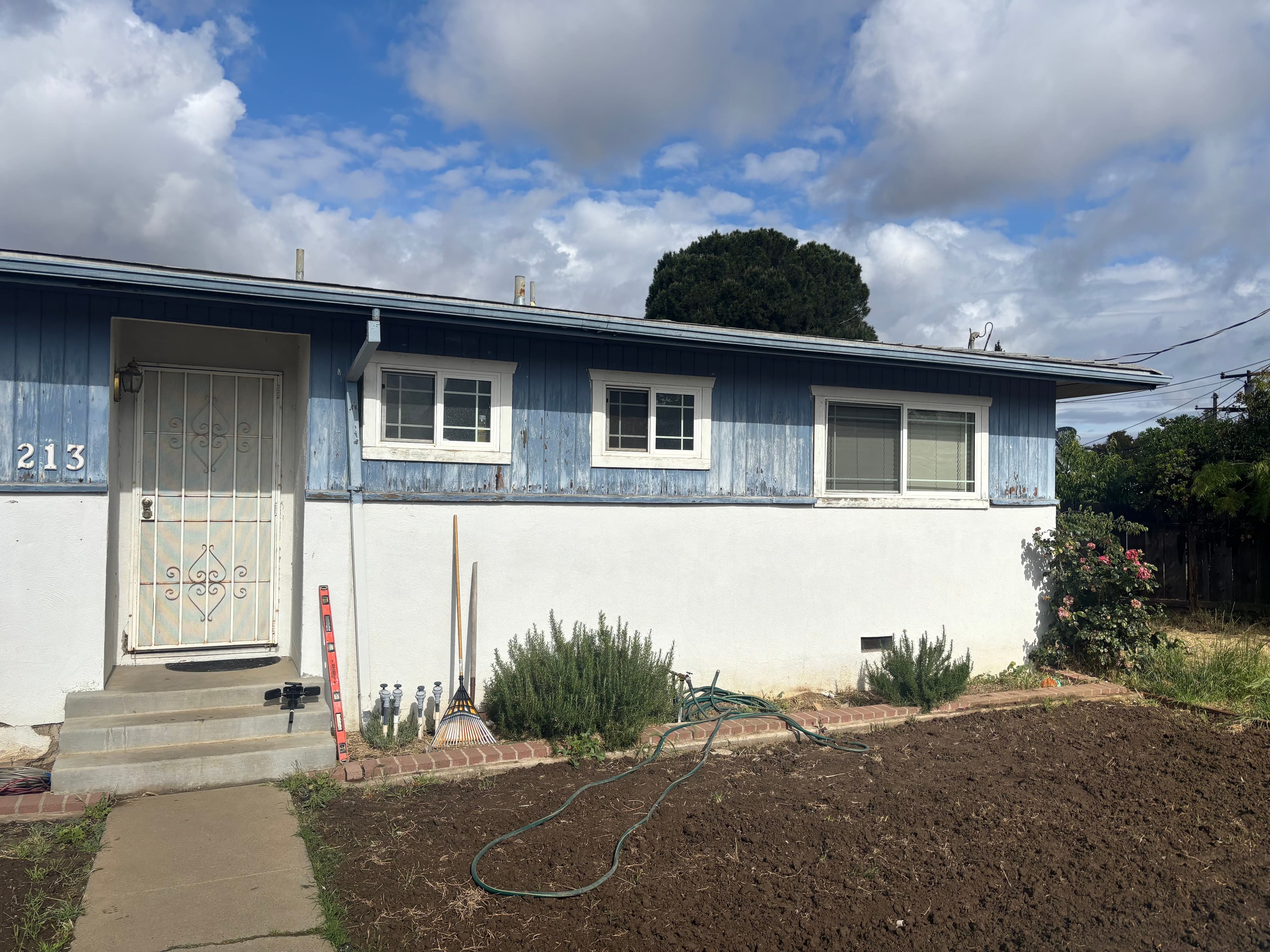 Blue house exterior with white trim, garden area, and cloudy sky backdrop. 213 address visible.